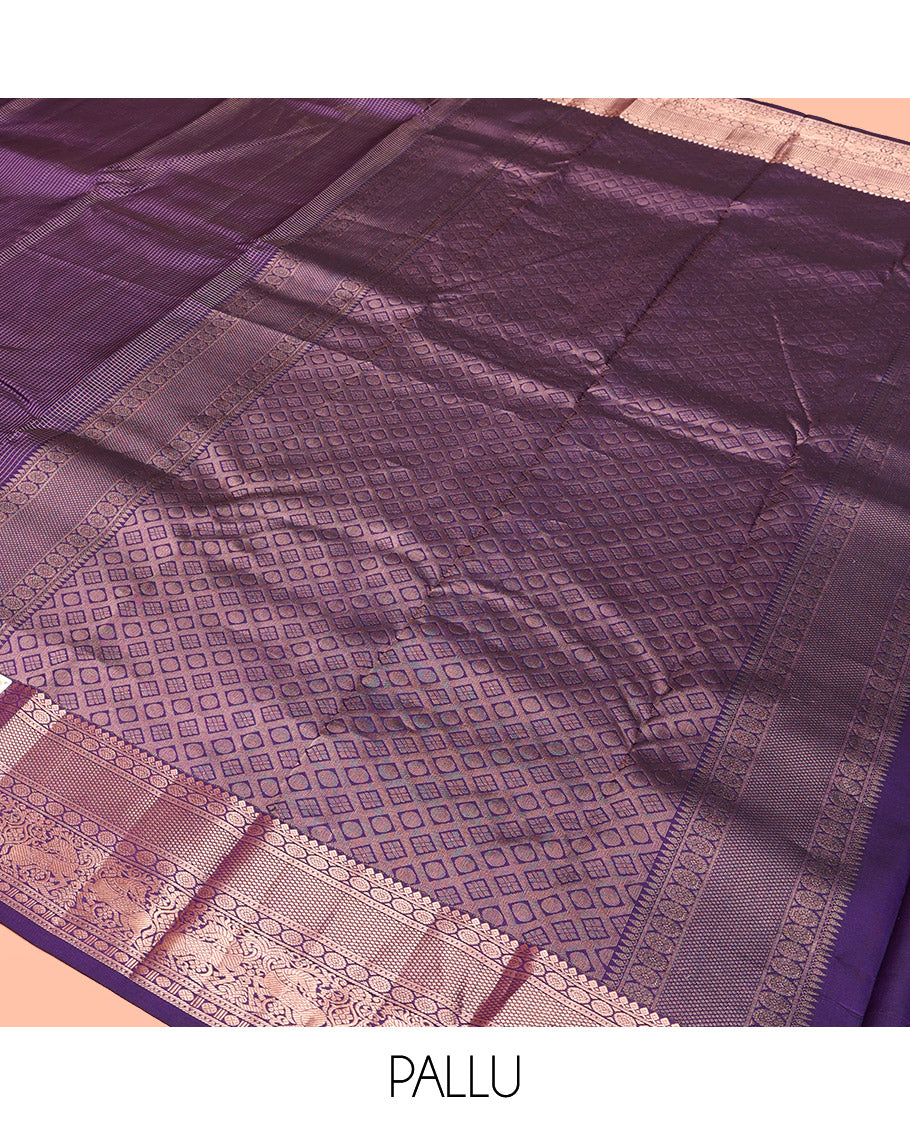 Violet Kanchipuram Silk Saree, Gleamed Up with Micro-Checks, Zari Border of Thilakam Mokku, Chakram, and Kuthirai Designs, Pallu of Jaal Design, and Matching Blouse