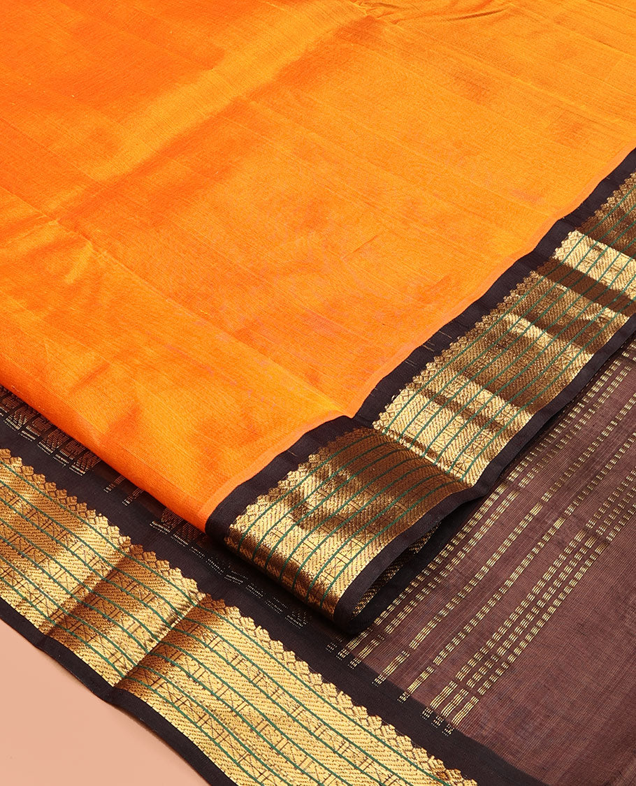 Orange Plain Kuppadam Silk Saree, a Contrast Traditional Zari Border, Grand Pallu, and a Contrast Blouse
