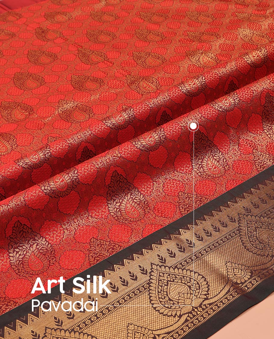 Red Art Silk Pavadai Material Set, Embellished with Jacquard Design on Its Skirt, Complemented by a Contrast Zari Design Border, and Paired with a Contrast Blouse