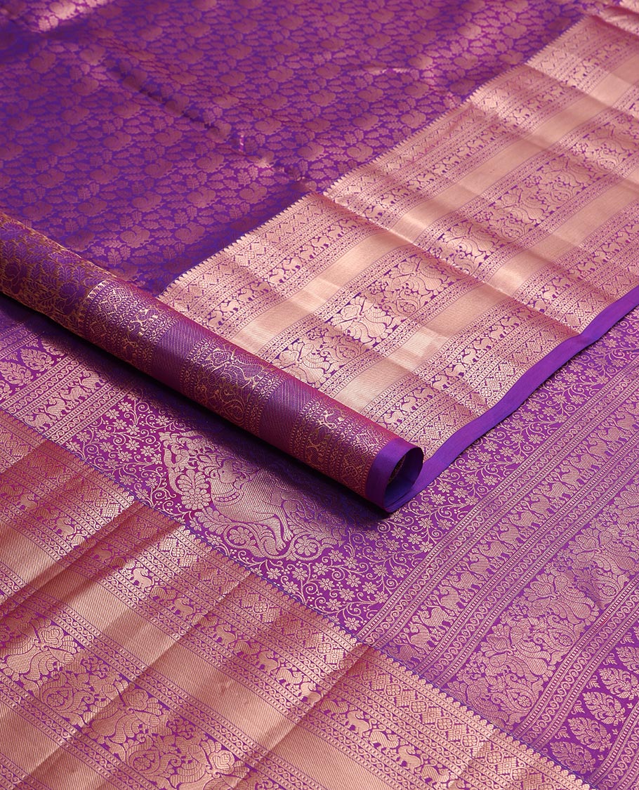 Purple floral jaal design kancheepuram silk saree with self border of thilakam mokku, muthu, banaras design & zari design pallu