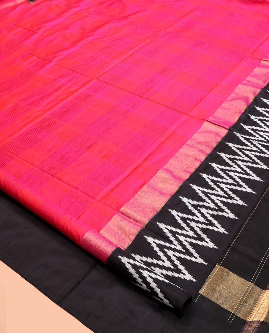 Pink Sparsely Striped Pochampally Ikat Saree, a Contrast Chevron Striped Border, Ikat-Style Pallu, and a Contrast Blouse