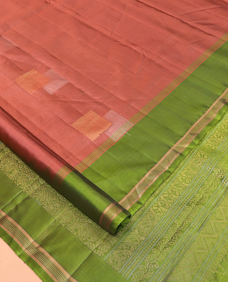 Dark Peach Mayuri Lite Silk Mix Saree, Bedecked with Zari Buttas, Complemented by a Contrast Zari Buttas Border, a Grand Pallu, and a Contrast Blouse