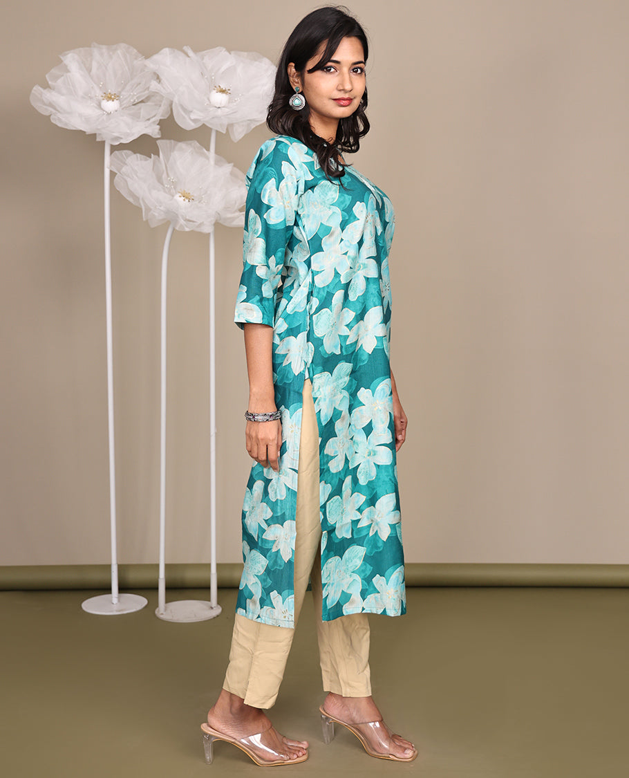 Blue Flower Motifs Printed Below-Knee-Length Cotton Kurti, Adorned with V-Neckline, 3/4 Sleeves, Straight-Cut Length