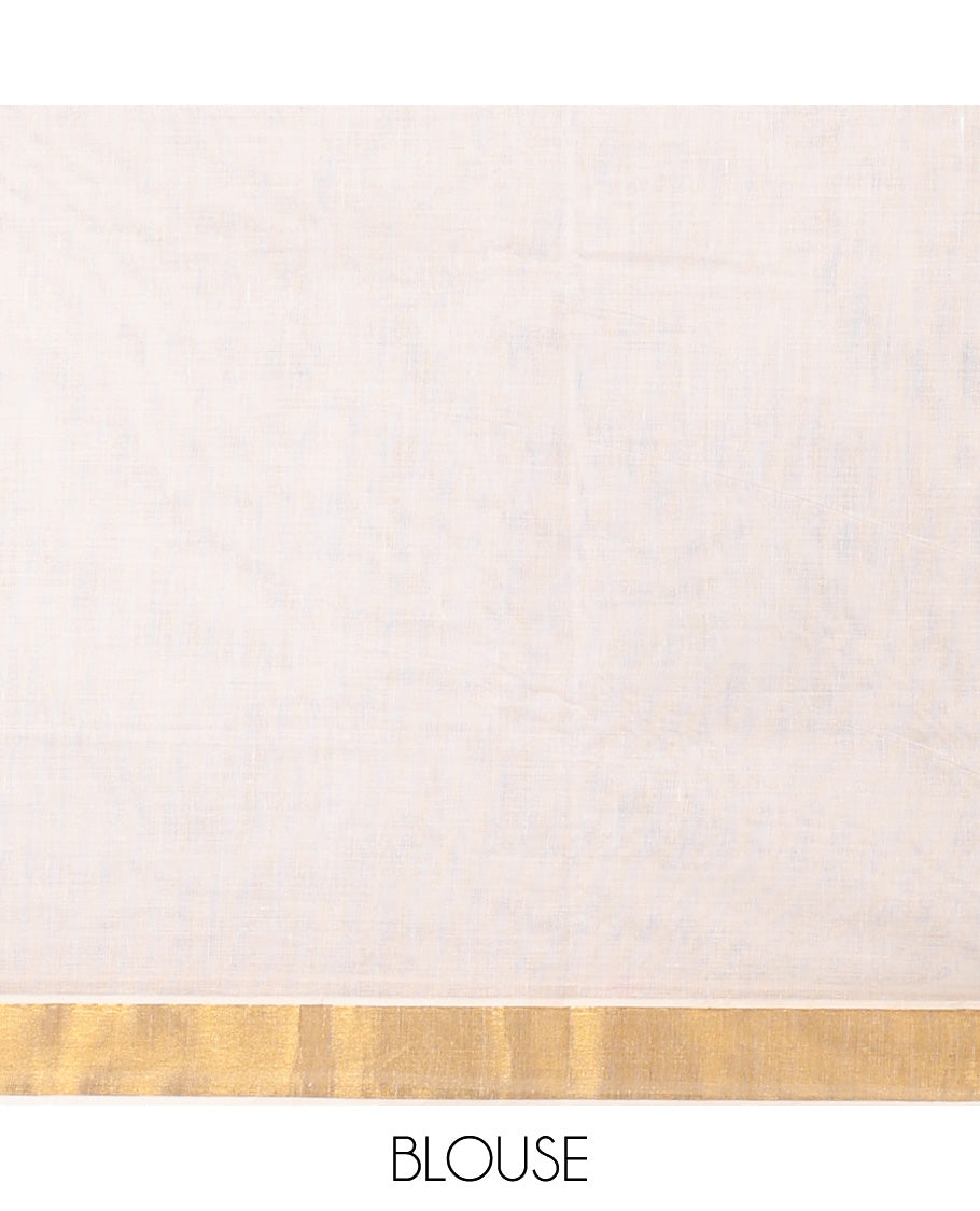 Cream kerala saree with zari stripes, zari border & pallu of floral & paisley zari designs