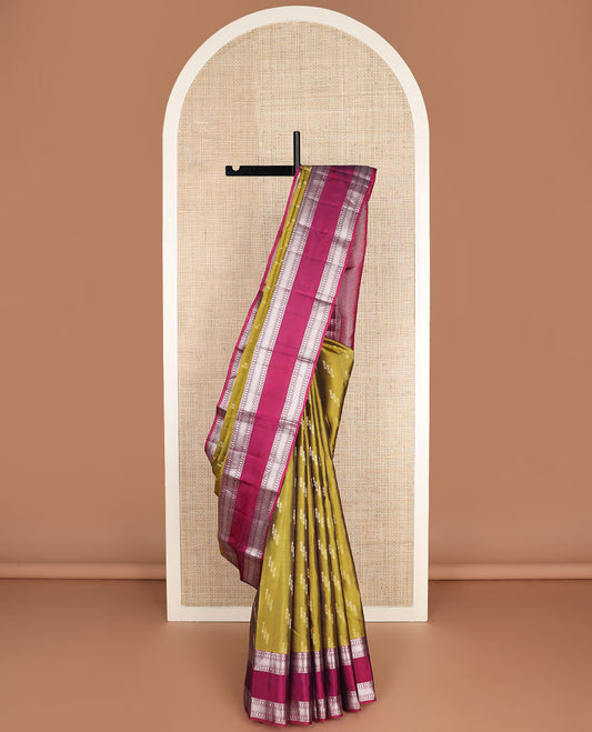 Green zari buttas vasundhara silk mix saree, contrast jaal pallu & rettai pettu border of rekku,muthu,poun & banaras designs