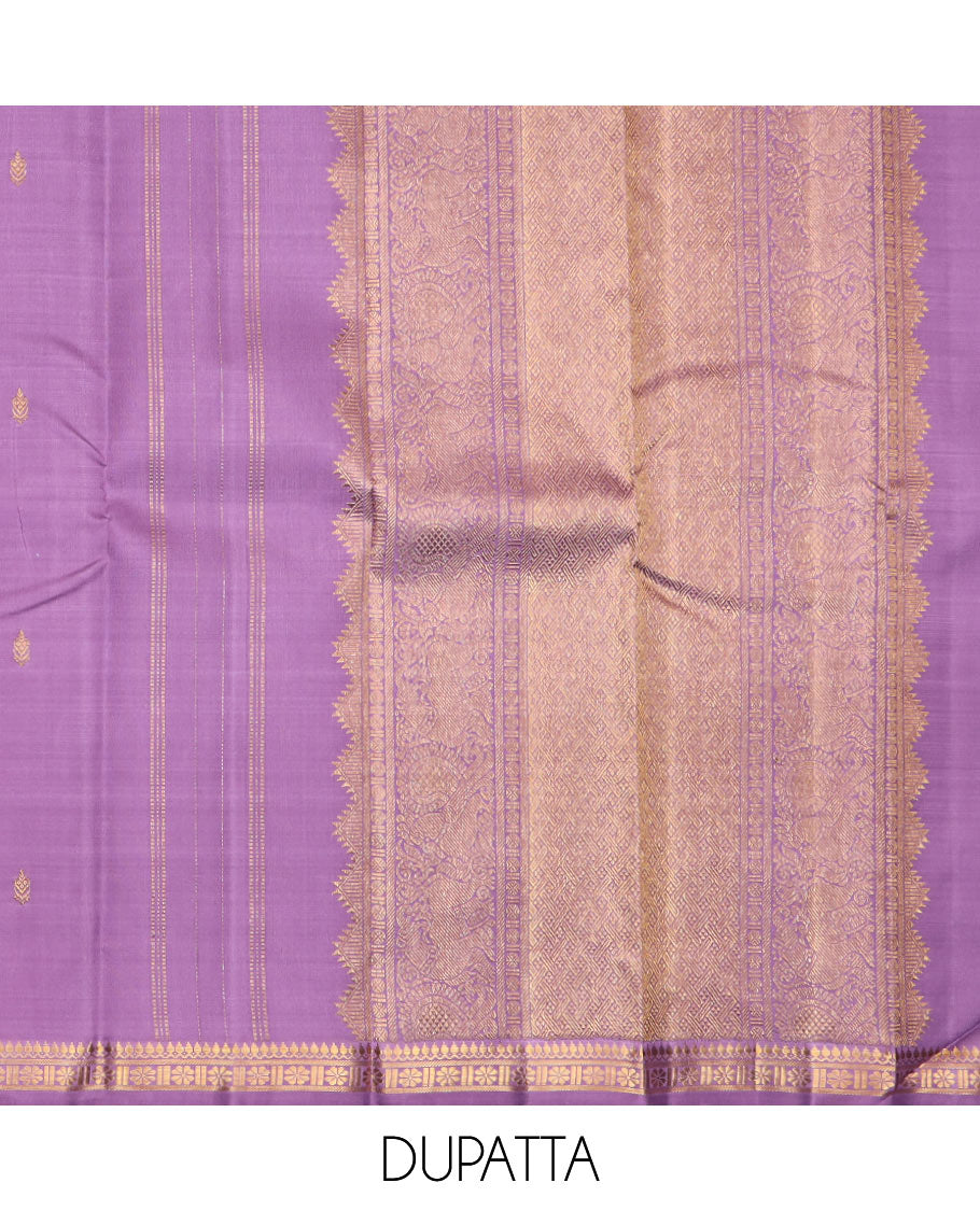 Blue puresilk halfsaree, yaanai and mayil butta enclosed checked skirt, contrast blouse and border of traditional designs in zari, and zari design dhavani