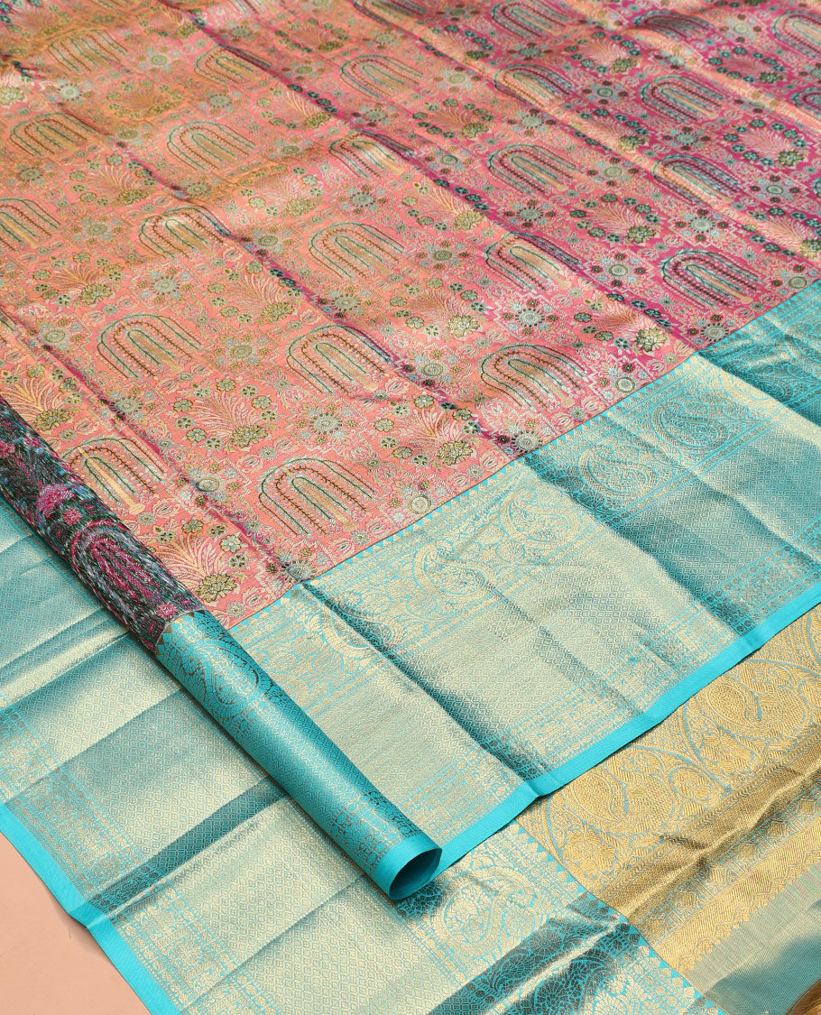 Pink Meenakari Jacquard Kanchipuram Tissue Silk Saree, a Contrast Border of Thilakam, Muthu, Poun, Arumbu Manga, and Jaal Design, Grand Pallu, and a Contrast Blouse