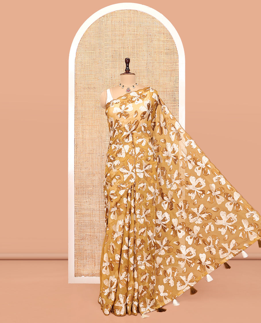 Brown Organza Saree, Steeped in the Prettiness of Floral Thread Embroidery, a Scalloped Border, and a Matching Blouse