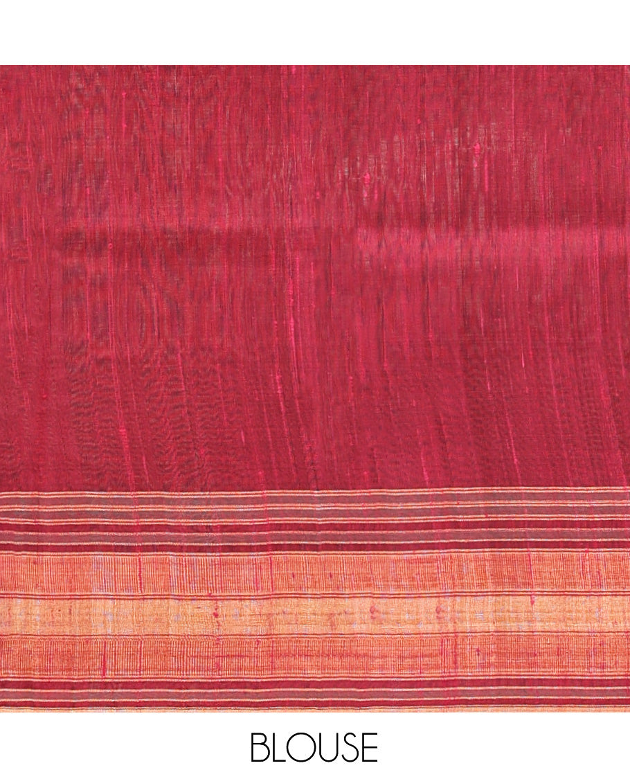 Mustard Dupion Silk Saree, Complemented by Contrast Temple-Checked Border, Temple Pallu, and a Contrast Blouse