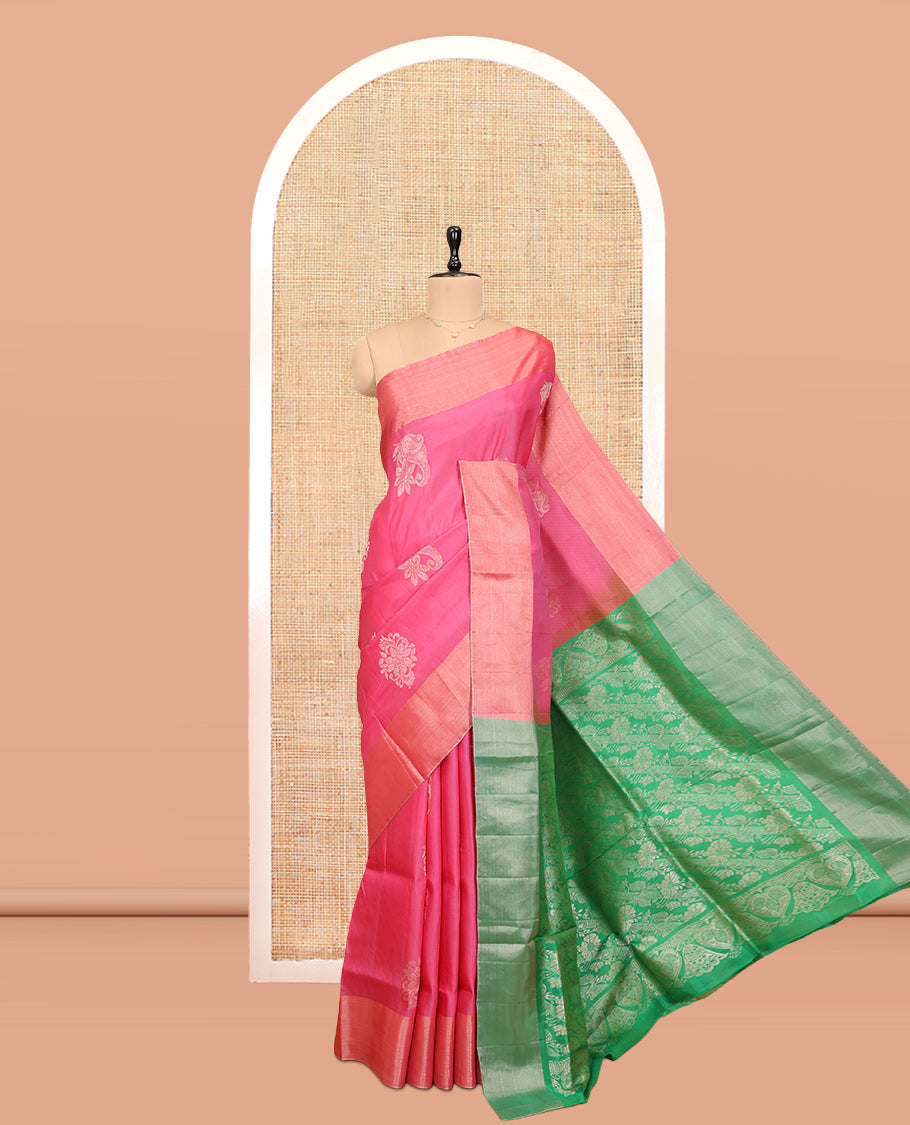 Pink Uppada Saree, Highlighted by Zari Buttas, a Bavanji Border, Contrast Intricate Pallu, and a Contrast Blouse