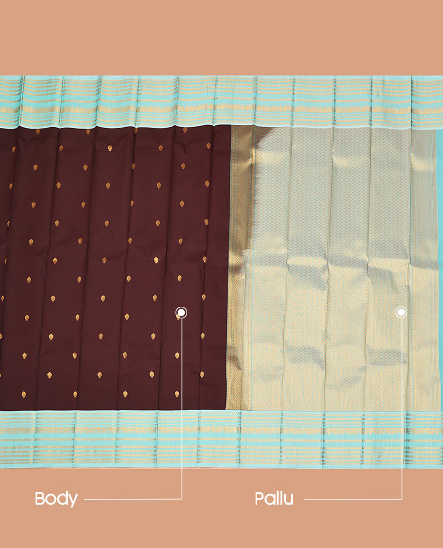 Brown Budget Silk Saree, Ornamented With Zari Buttas All Over Its Body, Complemented by Contrast Traditional Zari Designs Woven Border, Grand Jaal Pallu and Paired with a Contrast Blouse