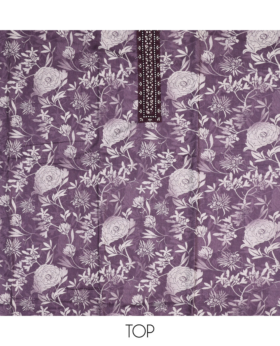 Violet Material Chudidar Set, Prettified with Floral Print and Embroidery on Cotton Top, a Plain Bottom, and Paired with a Floral Embroidered Scallop Dupatta