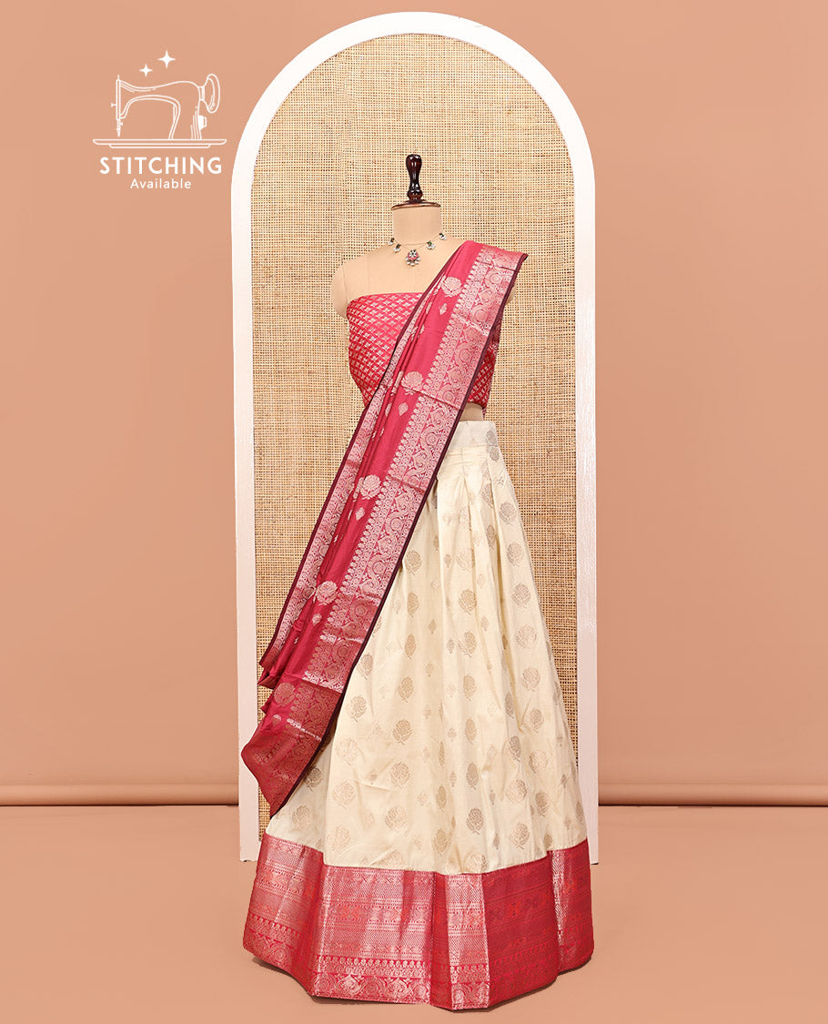 Cream-Pink Art Silk Half Saree, Embellished with Zari Buttas Skirt, Contrast Traditional Border, Jacquard Blouse, and a Contrast Banaras Dhavani
