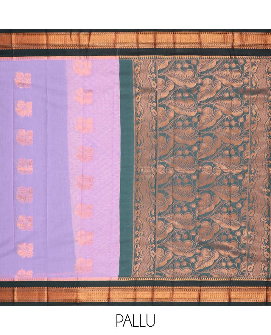 Lavender motifs kora cotton saree with intricate zari design border & leaf zari design pallu