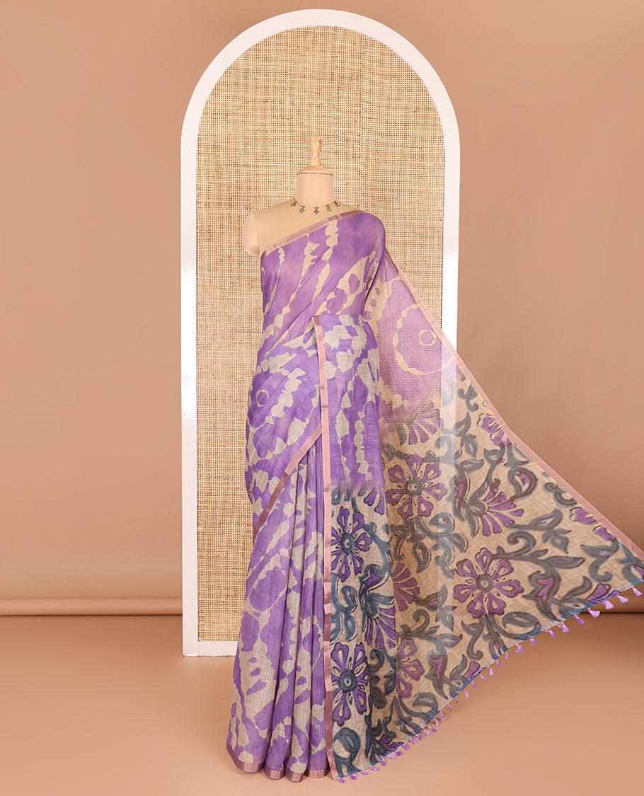 Borderless lavender printed linen cotton saree, hand brush painting style floral vine printed pallu, and contrast floral printed blouse