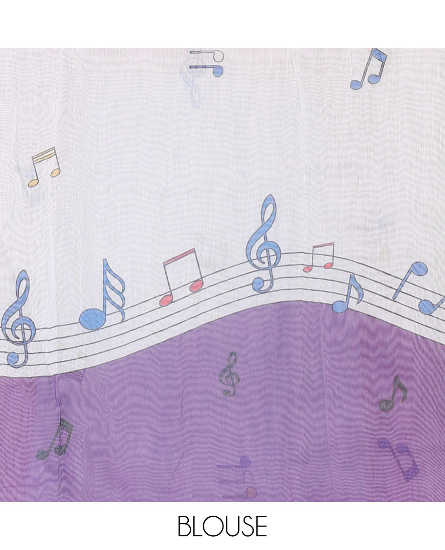 Violet musical-note-motif-printed chanderi cotton saree with contrast musical-note-motif-printed piping border, and a matching blouse
