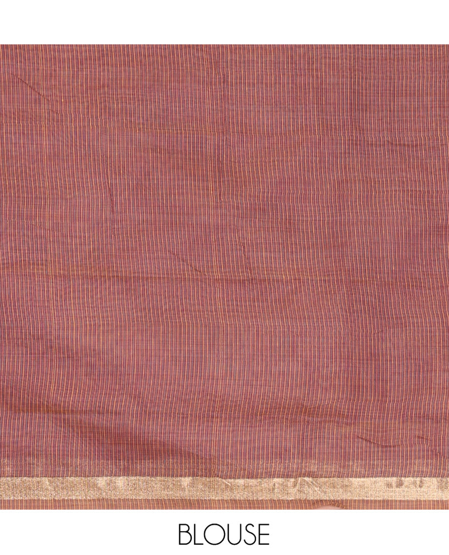 Lavender Plain Jamdani Cotton Saree, Highlighted by a Golden Zari Border, Pallu of Kashmiri-Style Weaving, and Paired with a Contrast Striped Blouse