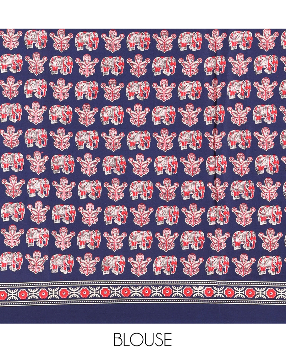 Navy Blue Satin Crepe Saree, Adorned with Ajrakh and Elephant Print, Intricately Printed Border, a Matching Blouse