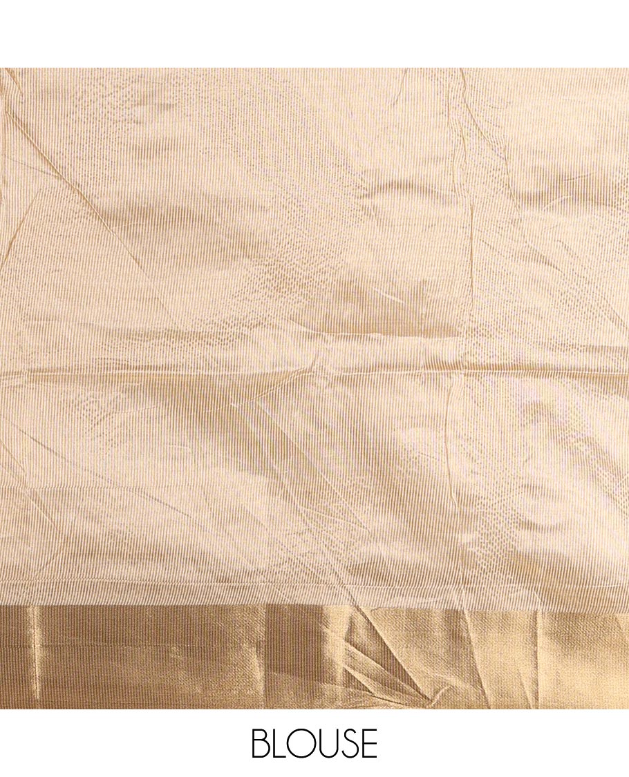 Cream Plain Art Tussar Saree, Highlighted by a Gleaming Golden Zari Bavanji Border, Pallu Steeped with Zari Stripes, and Paired with a Matching Blouse