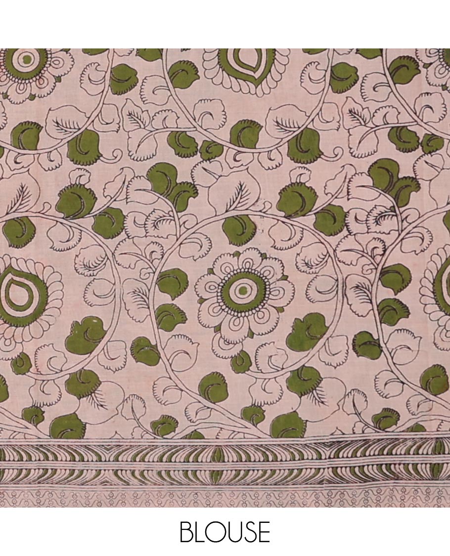 Red floral vine design machine-printed kalamkari cotton saree with contrast floral design border & peacock , floral design pallu