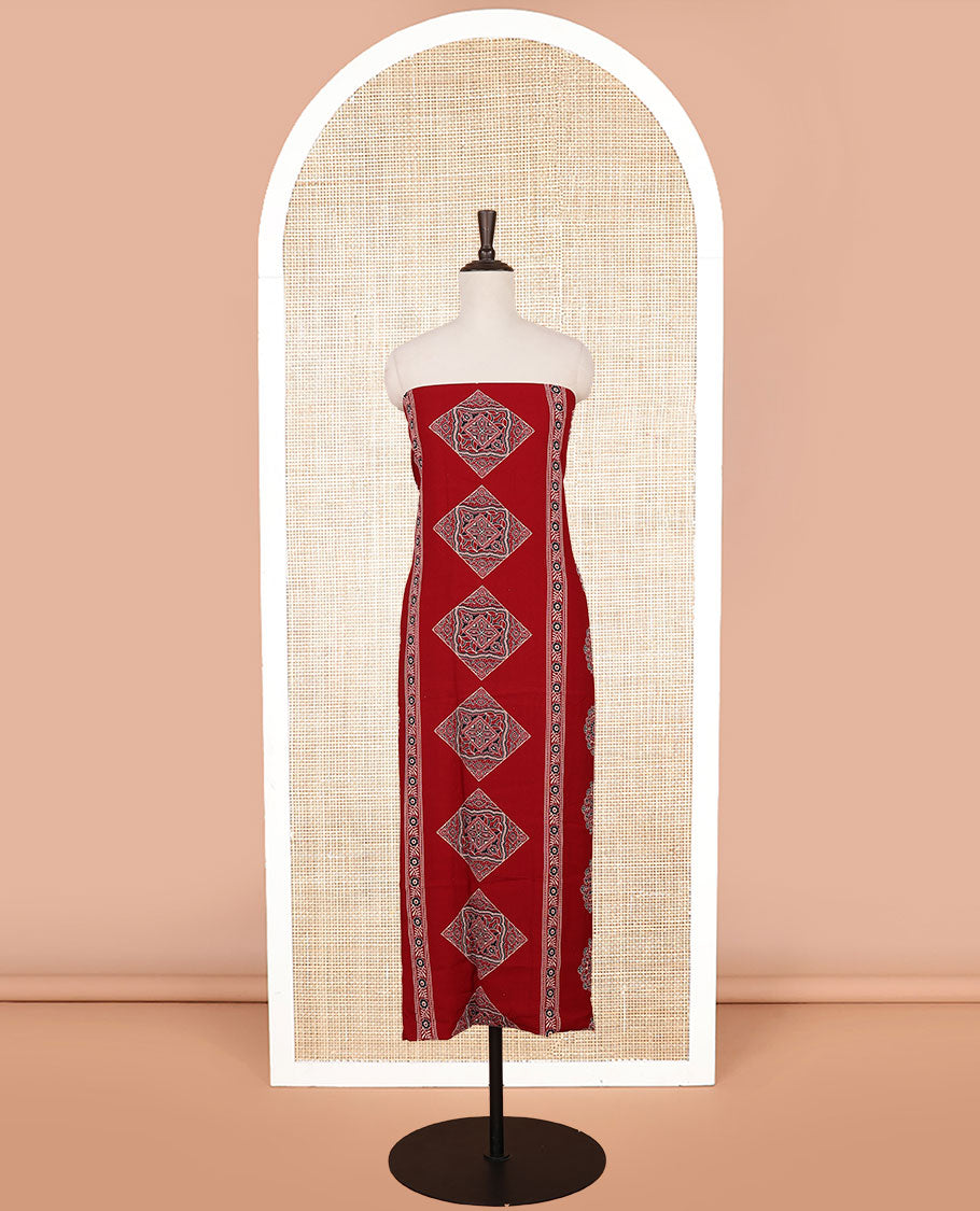 red ajrak print rayon chudidhar material top with rayon material printed pant & mul mul votton ajrak printed dupatta