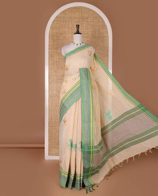 Chikku and green flora-fauna motifs thread embroidered Mangalagiri cotton saree, contrast traditional thread border, striped pallu, and contrast traditional border blouse