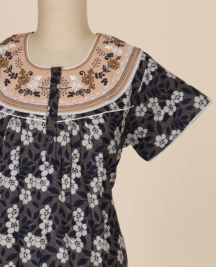 Grey floral printed and floral thread embroidery round neck cotton half-sleeve nighty