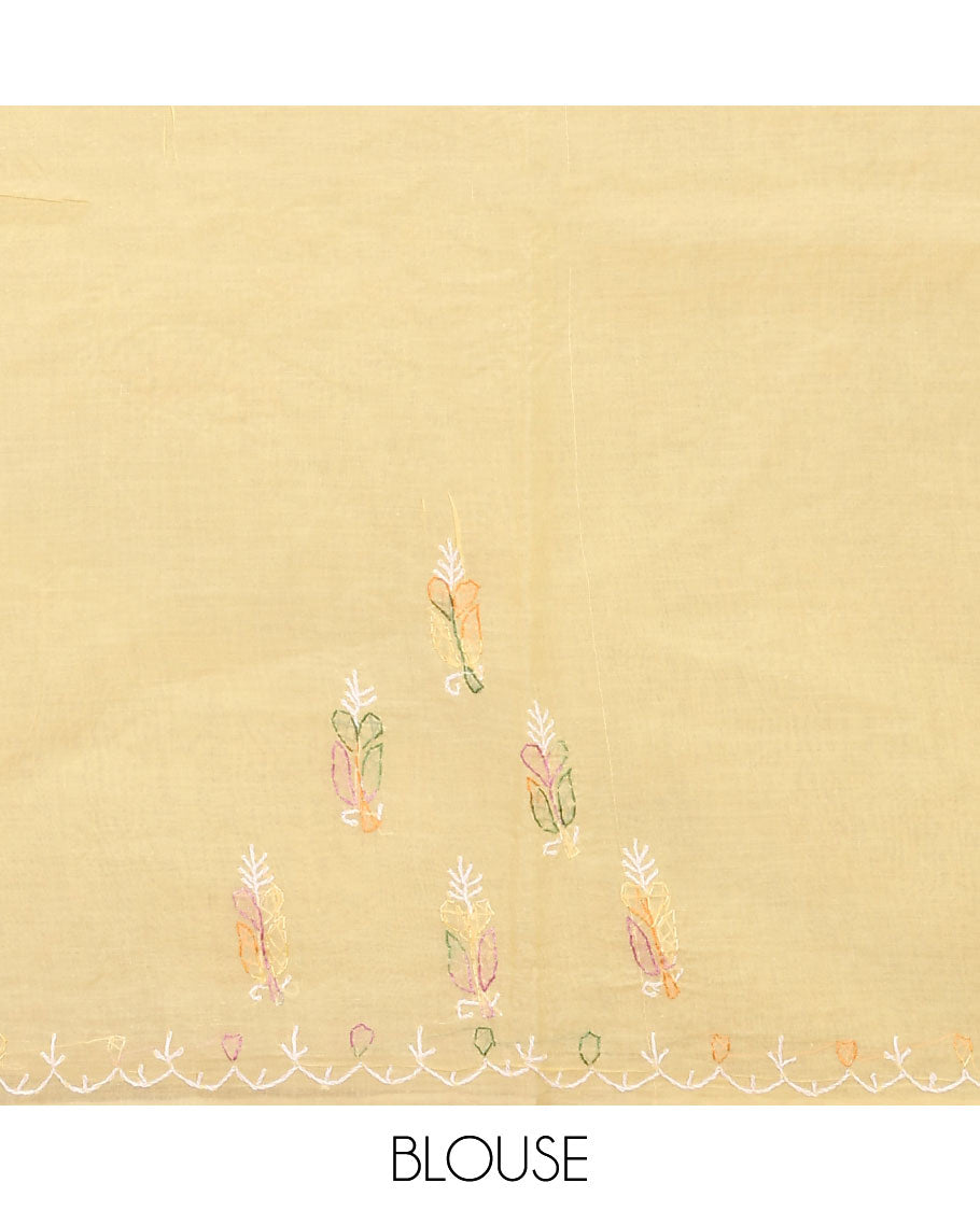Light yellow colorful embroidered buttas Lucknowi chikankari saree, thread embroidered border, and floral-paisley motifs embroidered pallu