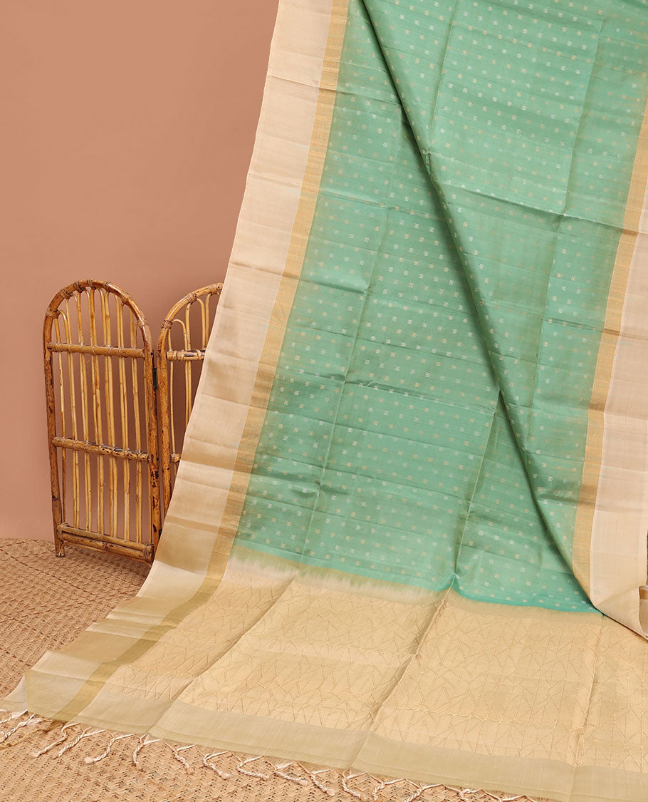 Green small buttas soft silk saree with contrast intricate zari border & geometric zari design pallu
