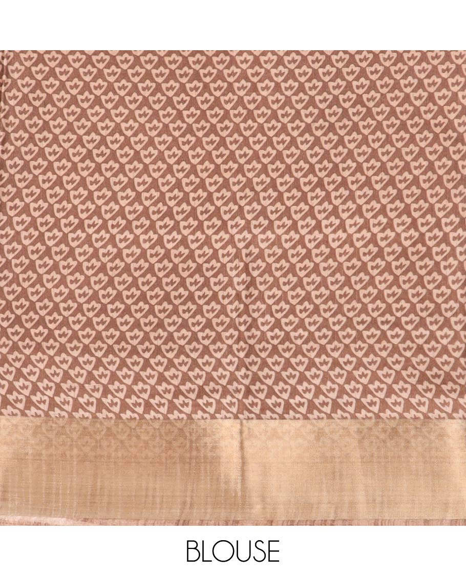 Brown argyle design semi-banaras printed saree with contrast zari border & floral motifs pallu