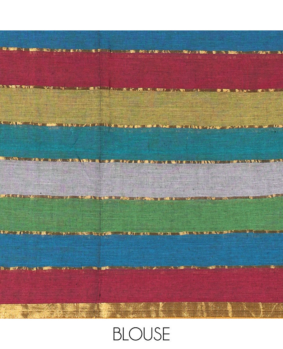 Multi-color striped khadi cotton saree, zari piping border, multi-color tassels pallu & colorful striped blouse