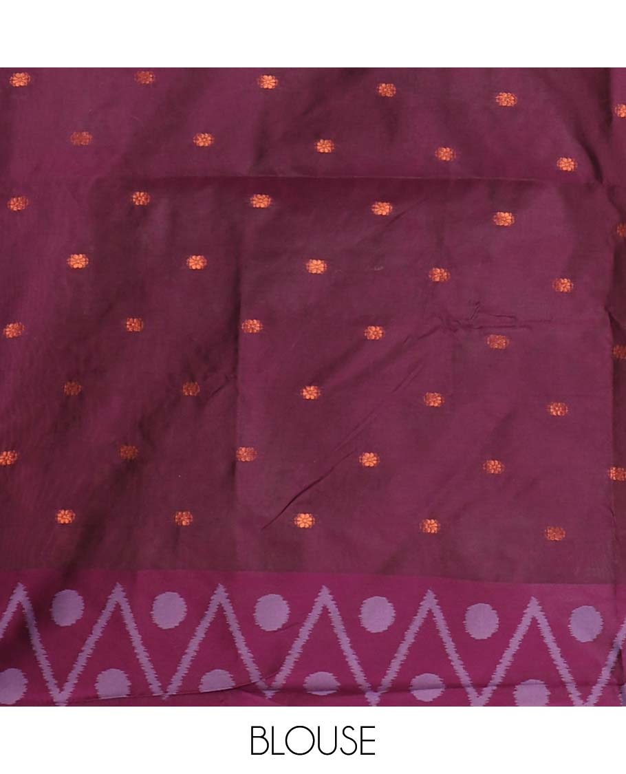 Violet unique motifs thread weave pochampally ikat mulberry silk saree, contrast chevron & polka dot border and zari-rich intricate pallu