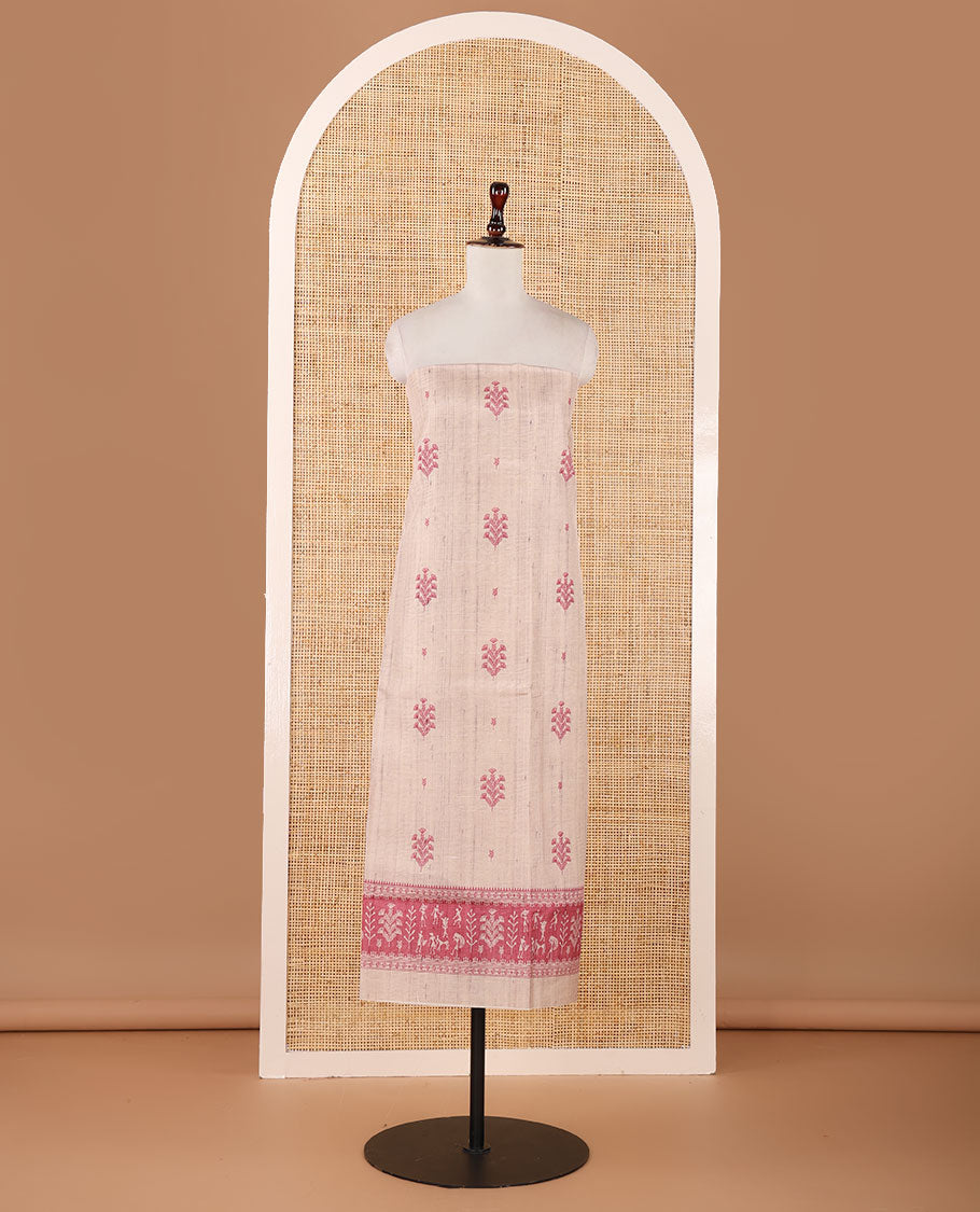 Chikku-base semi-tussar material chudidar set, floral & warli motifs top, contrast onion pink plain bottom & warli motifs steeped dupatta