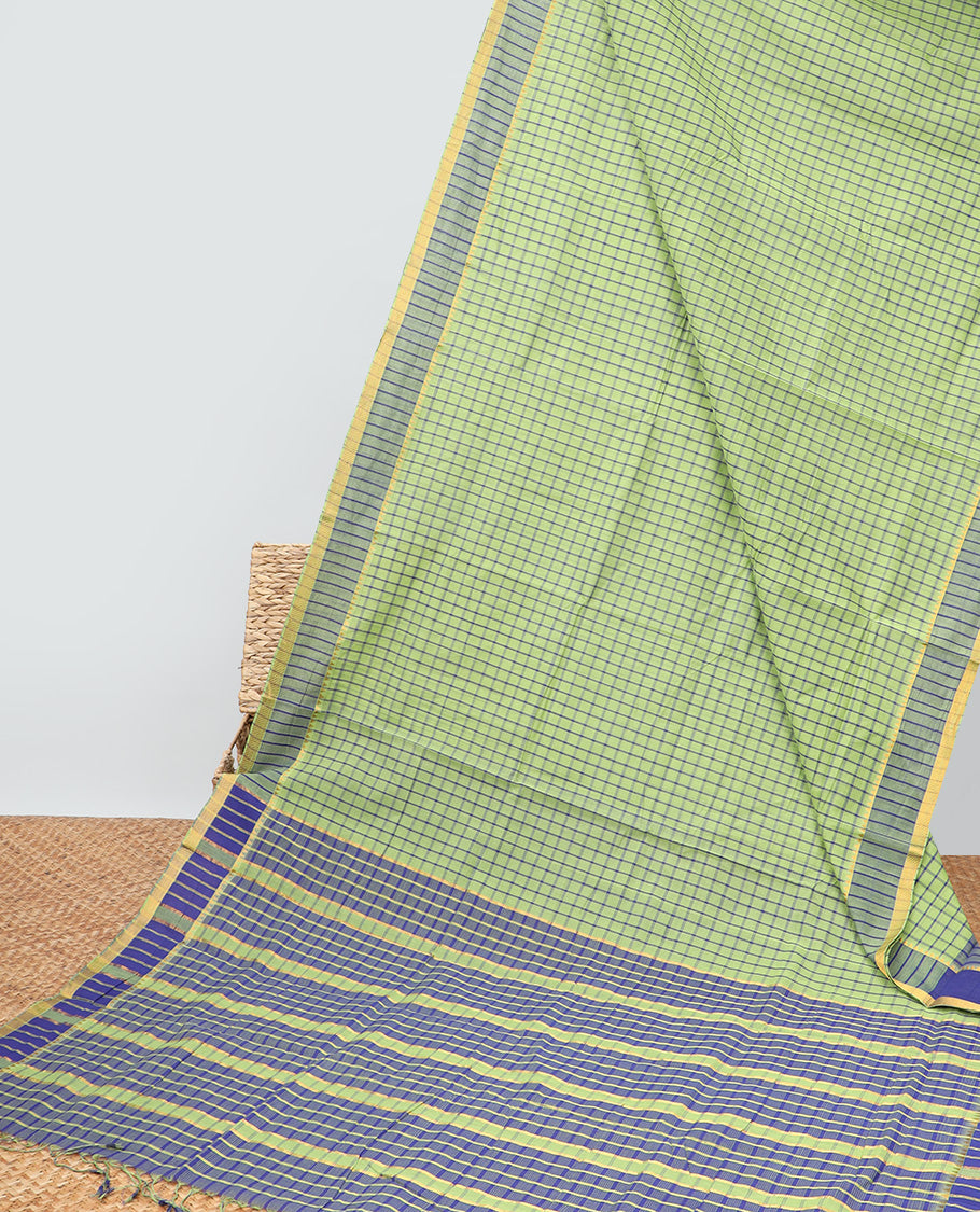 Green checked mangalagiri cotton saree with contrast striped border & checked pallu