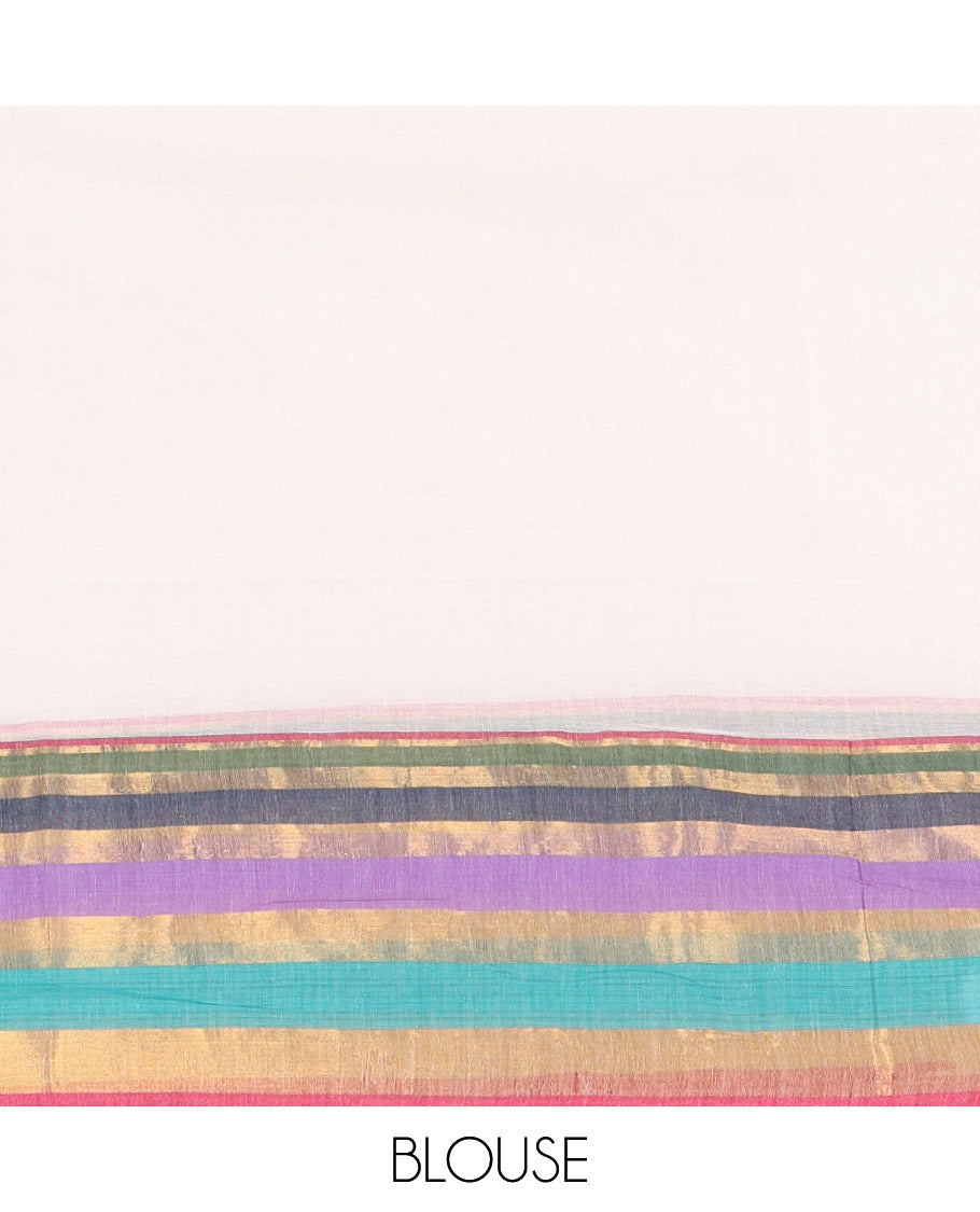 White Plain Khadi Mul Cotton Saree, Complemented by a Contrast Multi-Colored Striped Border, Subtle Self-Pallu, and Paired with a Running Blouse