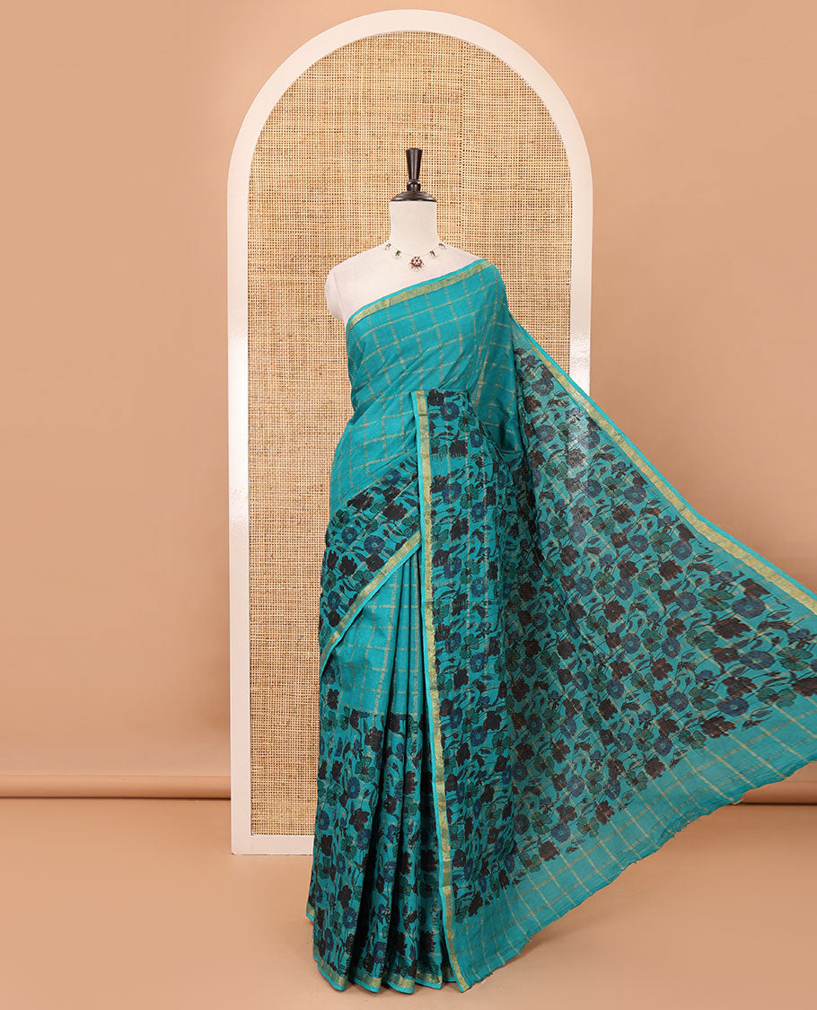 Green zari checked & floral printed sungudi cotton saree, piping zari border,self-pallu & matching blouse of zari & floral print work