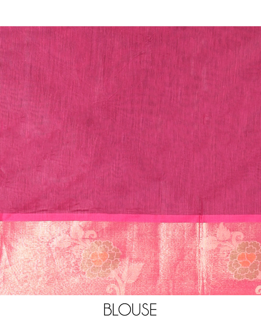 Blue Chanderi Cotton Saree, Elevated with Floral Designs on Its Body, Complemented by a Contrast Tissue Border of Floral Designs, Pallu of Floral Designs, and Paired with a Matching Blouse