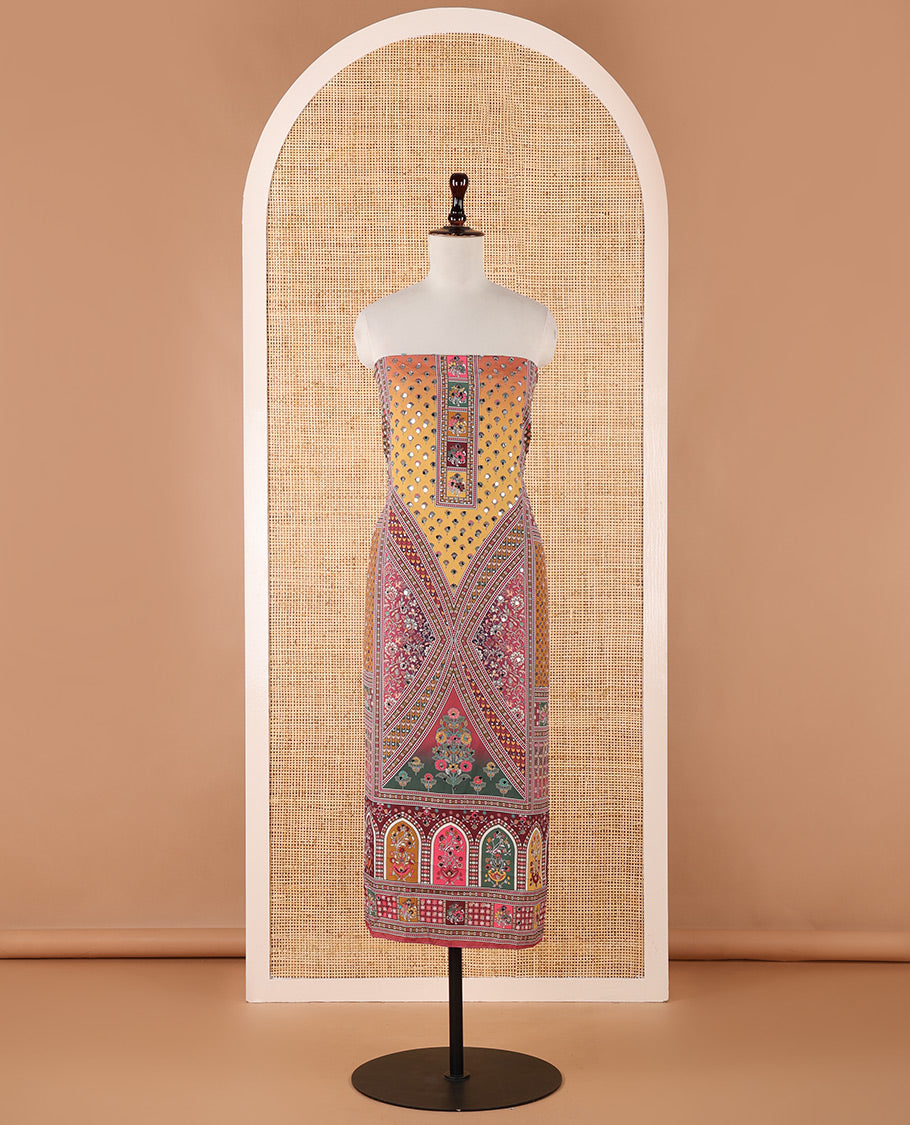Yellow chudidar material set, floral & geometric printed with mirror work crepe top, mughal-style floral printed & mirror work chinon dupatta & plain crepe bottom