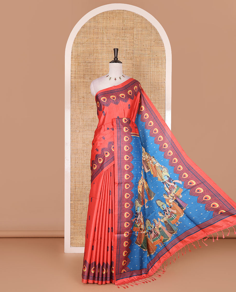 Tomato pink peacock feathers motifs printed katan silk saree, peacock feathers printed border, contrast Radha Krishna stories printed pallu, and contrast printed blouse