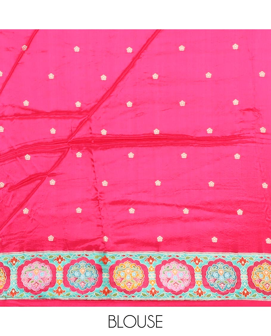 Blue floral vine design semi-banaras dola silk saree with contrast border & intricate design pallu