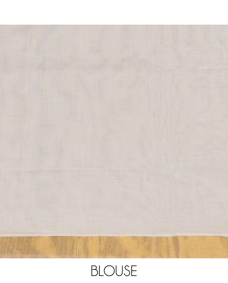 Cream kerala saree with zari buttas, plain border & pallu of peacock designs