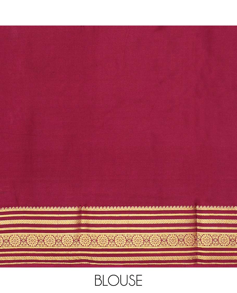 Yellow pichwai-style floral vine printed semi-banaras printed saree, contrast traditional design border & striped pallu