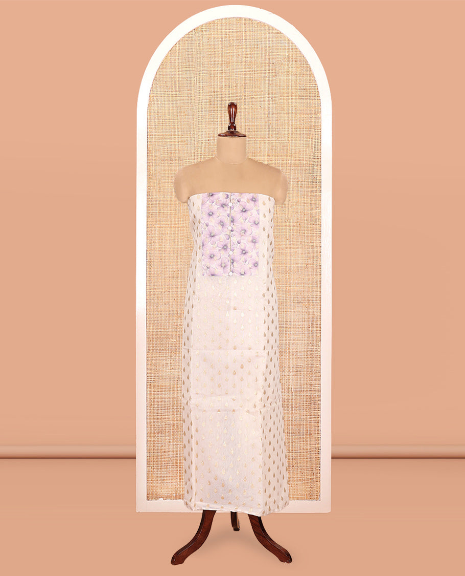 Cream-Lavender Banarasi Tissue Chanderi Material Chudidar, Buttas Top, Contrast Bottom, Floral Print Dupatta