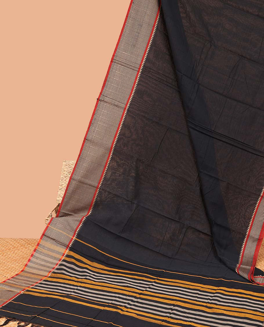 Black plain design Narayanapet cotton saree, contrast traditional design border & striped pallu
