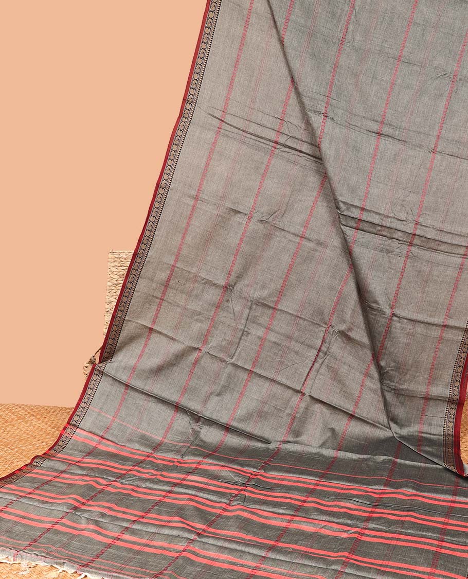 Grey Striped Narayanapet cotton saree, contrast traditional design border & striped pallu