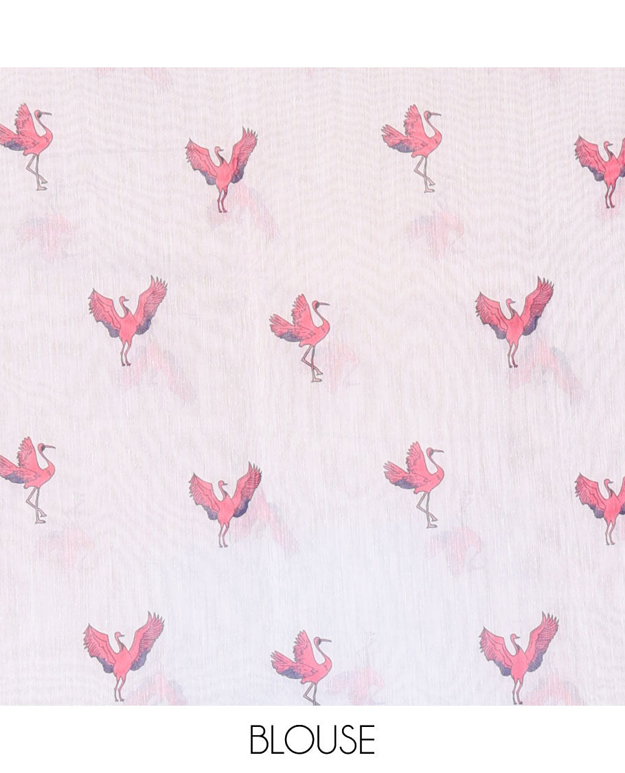 Borderless pink crane motifs printed linen cotton saree, crane motifs printed pallu, and a contrast crane printed blouse