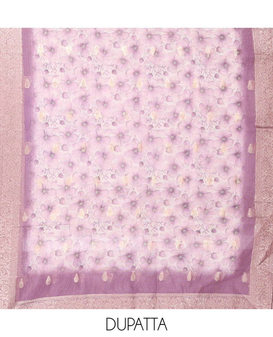 Cream-Lavender Banarasi Tissue Chanderi Material Chudidar, Buttas Top, Contrast Bottom, Floral Print Dupatta