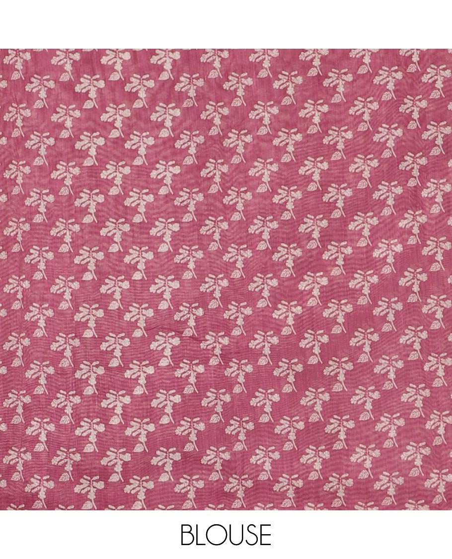 Onion pink plain Chanderi silk saree, floral vine, and bird motifs printed skirt border, and pallu, unique motifs printed blouse