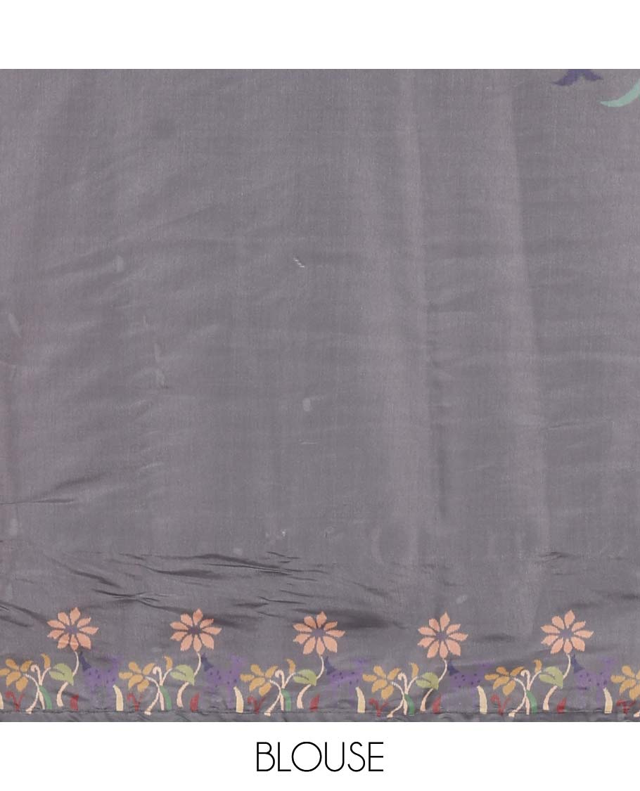 Grey pochampally ikkat style geometric printed fancy tussar saree, contrast floral motifs thread embroidered border, ikkat printed pallu, and plain blouse