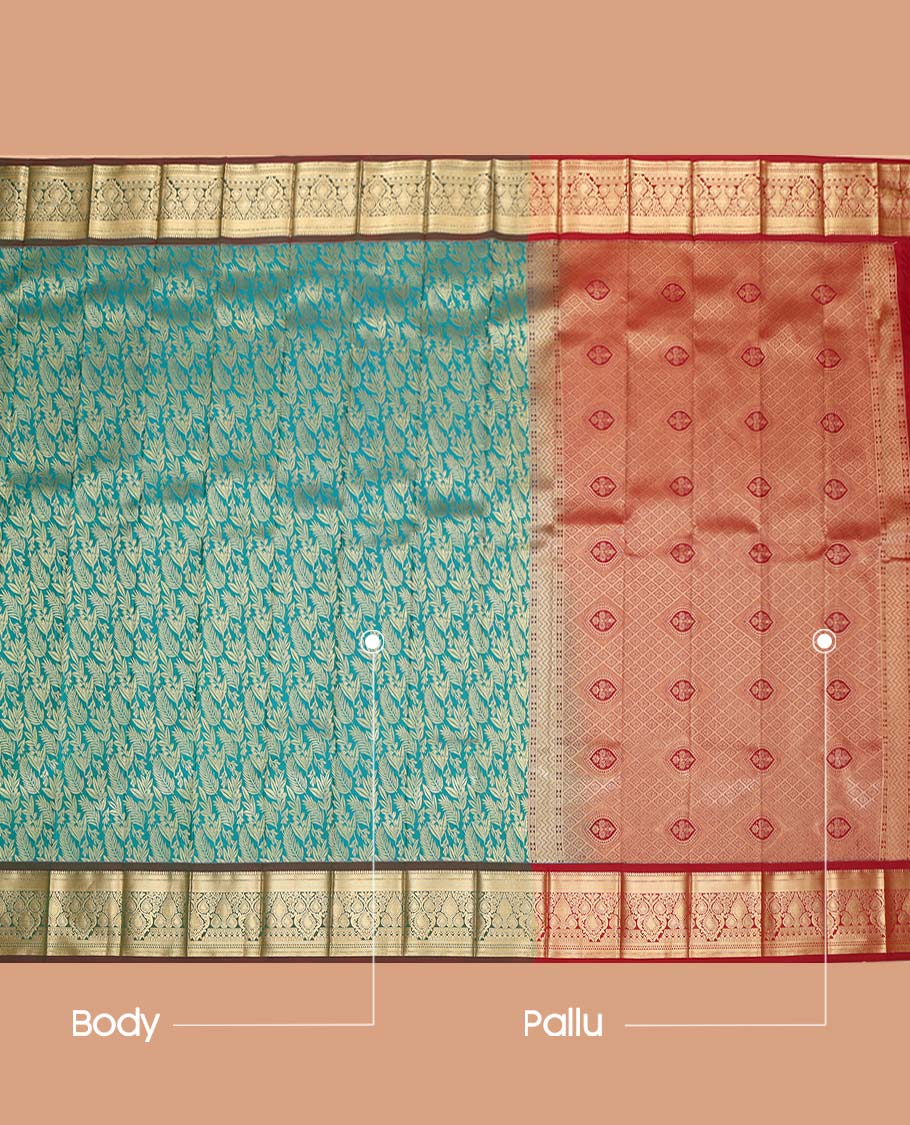 Blue Budget Silk Saree, Ornamented with Floral Vine Design, Complemented by Contrast Traditional Zari Border, a Jaal Pallu and a Contrast Blouse